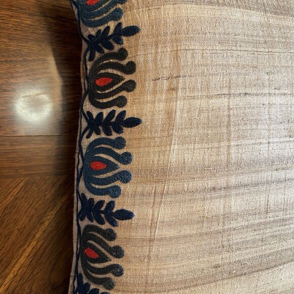 Pier One Throw Pillow Cover, Embroidered Trim Beige Blue Accent Pillow - Picture 2 of 6